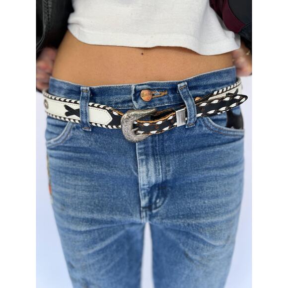 Vintage 80s Native American Belt  Unisex Western Leather Belt with Braided Trim - Picture 5 of 7